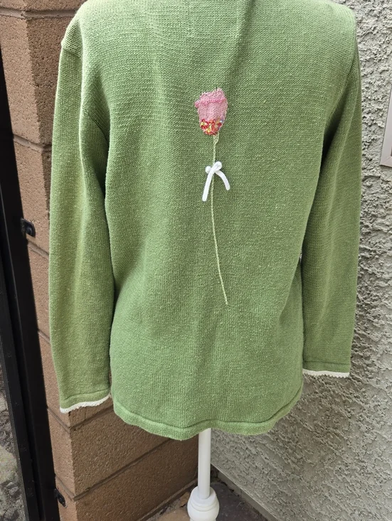 Storybook Knits Green and White Floral Appliqué Women’s Sweater Cardigan Tulips - Picture 7 of 10